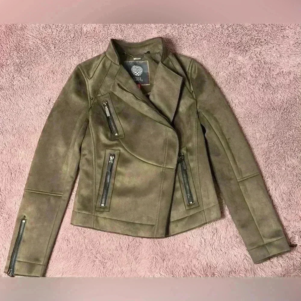 VINCE CAMUTO OLIVE GREEN SYNTHETIC SUEDE ASYMMETRIC ZIPPER JACKET SIZE XS - Picture 4 of 10